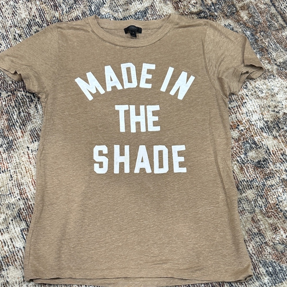 J. Crew Tan Linen Tee with White Text